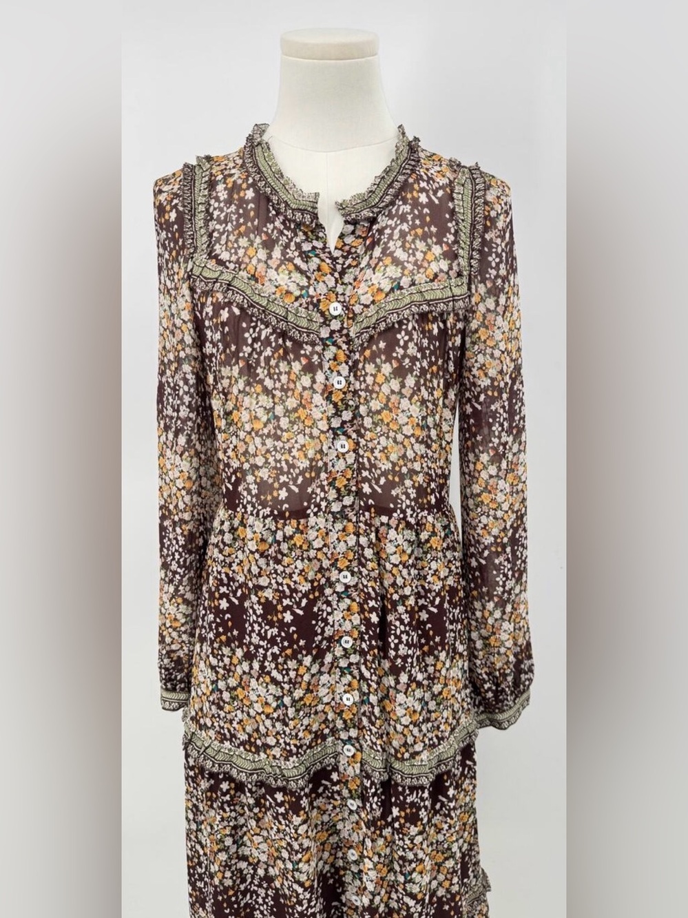 Sea New York Brown Floral Dress Shirtdress Maxi Long Sleeve Button up 4 NWT